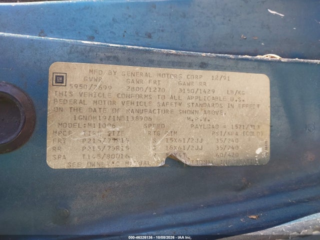 46326136 :رقم المزاد ، 1GNDM19Z1NB138906 vin ، 1992 Chevrolet Astro مزاد بيع