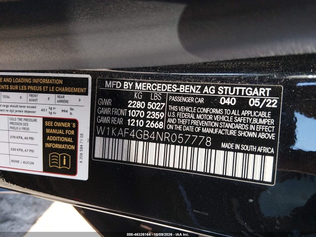 46326164 :رقم المزاد ، W1KAF4GB4NR057778 vin ، 2022 Mercedes-benz C 300 Sedan مزاد بيع