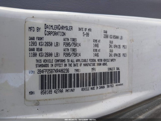 1999 Dodge Caravan მანქანა იყიდება აუქციონზე, vin: 2B4FP25B7XR406236, აუქციონის ნომერი: 46326175