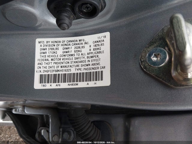 Aukcja sprzedaży 2019 Honda Civic Lx, vin: 2HGFC2F68KH516325, numer aukcji: 46326194