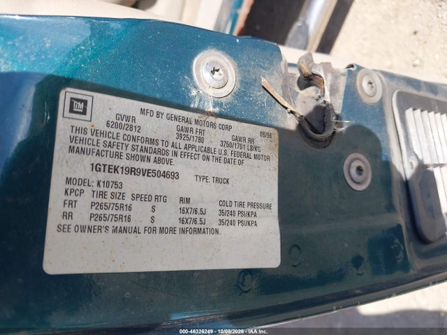 1997 Gmc Sierra 1500 Sl Wideside მანქანა იყიდება აუქციონზე, vin: 1GTEK19R9VE504693, აუქციონის ნომერი: 46326249