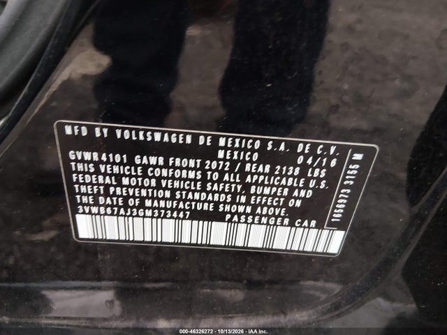 Aukcja sprzedaży 2016 Volkswagen Jetta 1.4t Se, vin: 3VWB67AJ3GM373447, numer aukcji: 46326272
