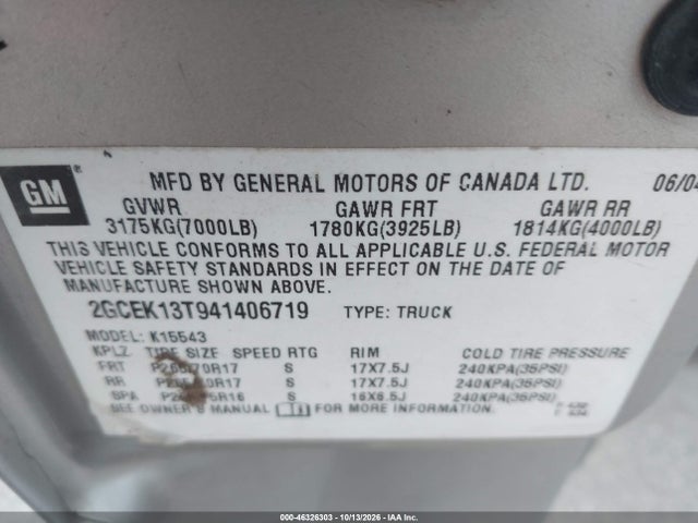 Aukcja sprzedaży 2004 Chevrolet Silverado 1500 Z71, vin: 2GCEK13T941406719, numer aukcji: 46326303
