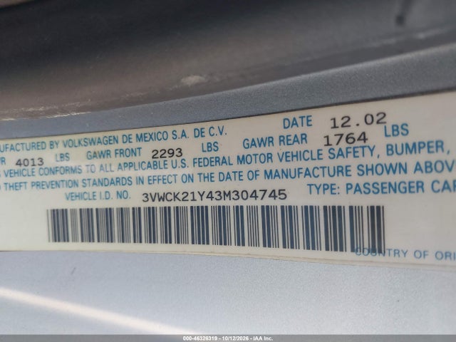 Продажа на аукционе авто 2003 Volkswagen New Beetle Gls, vin: 3VWCK21Y43M304745, номер лота: 46326319