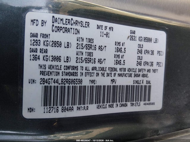 Продажа на аукционе авто 2002 Dodge Grand Caravan Sport, vin: 2B4GT44L82R606590, номер лота: 46326347