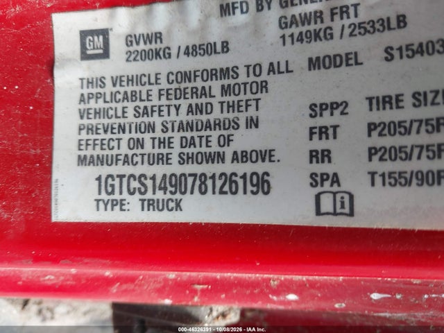 46326391 :رقم المزاد ، 1GTCS149078126196 vin ، 2007 Gmc Canyon Work Truck مزاد بيع