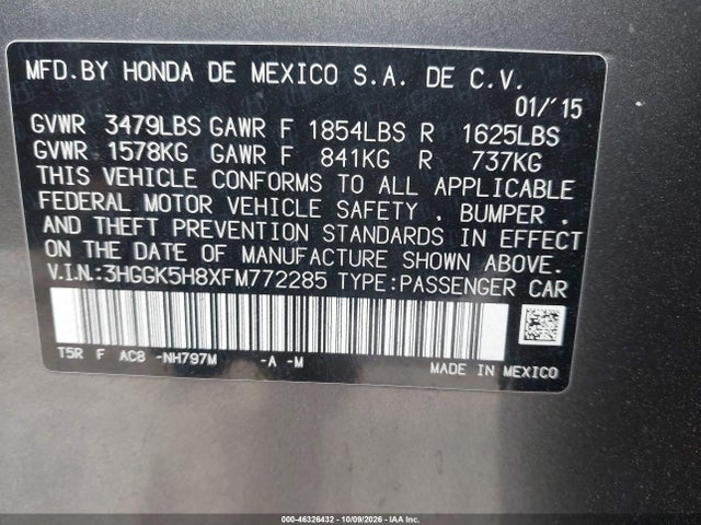 46326432 :رقم المزاد ، 3HGGK5H8XFM772285 vin ، 2015 Honda Fit Ex/ex-l مزاد بيع