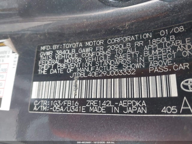 46326491 :رقم المزاد ، JTDBL40E29J003332 vin ، 2009 Toyota Corolla Le مزاد بيع