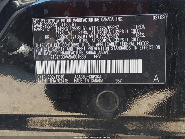 Aukcja sprzedaży 2009 Toyota Rav4, vin: 2T3ZF33V49W004639, numer aukcji: 46326537