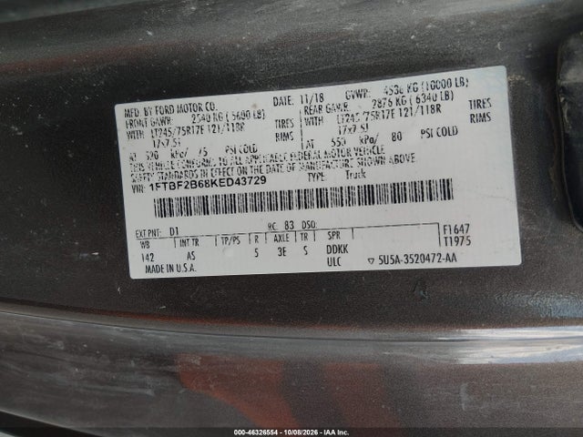 Продаж на аукціоні авто 2019 Ford F-250 Xl, vin: 1FTBF2B68KED43729, номер лоту: 46326554