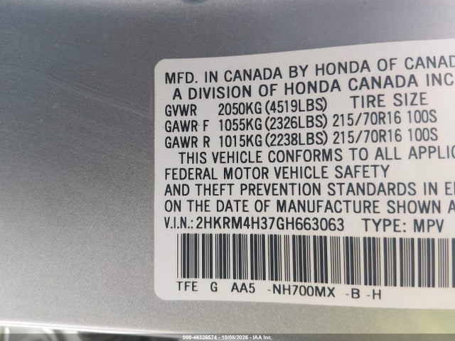 Aukcja sprzedaży 2016 Honda Cr-v Lx, vin: 2HKRM4H37GH663063, numer aukcji: 46326574