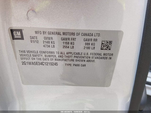 46326576 :رقم المزاد ، 2G1WA5E34C1219245 vin ، 2012 Chevrolet Impala Ls مزاد بيع