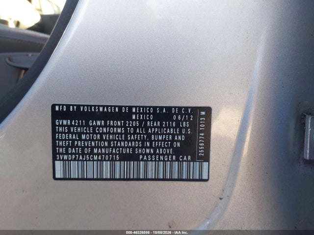 46326598 :رقم المزاد ، 3VWDP7AJ5CM470715 vin ، 2012 Volkswagen Jetta 2.5l Se مزاد بيع