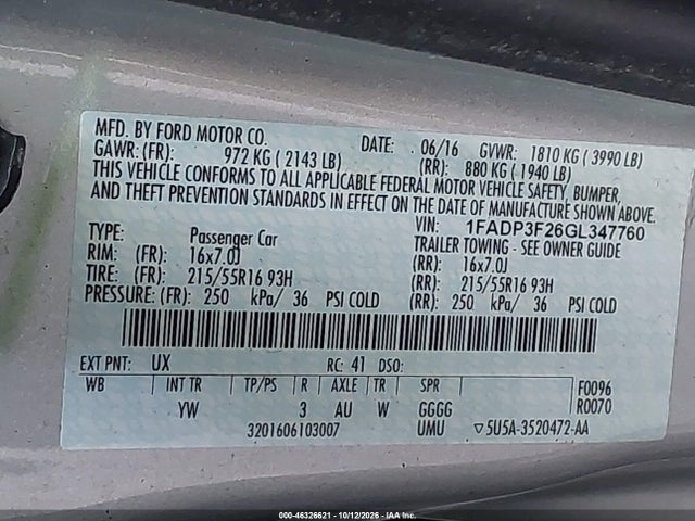 Продажа на аукционе авто 2016 Ford Focus Se, vin: 1FADP3F26GL347760, номер лота: 46326621
