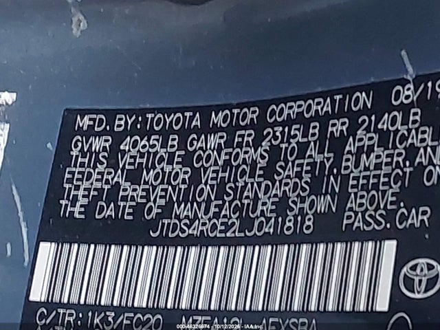 46326674 :رقم المزاد ، JTDS4RCE2LJ041818 vin ، 2020 Toyota Corolla Se مزاد بيع