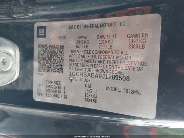 46326683 :رقم المزاد ، 1GCHSAEA9J1289508 vin ، 2018 Chevrolet Colorado مزاد بيع