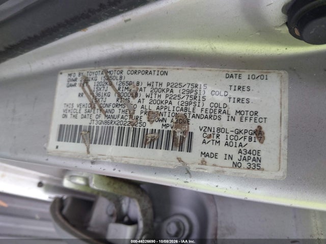 46326690 :رقم المزاد ، JT3GN86RX20229250 vin ، 2002 Toyota 4runner Sr5 V6 مزاد بيع