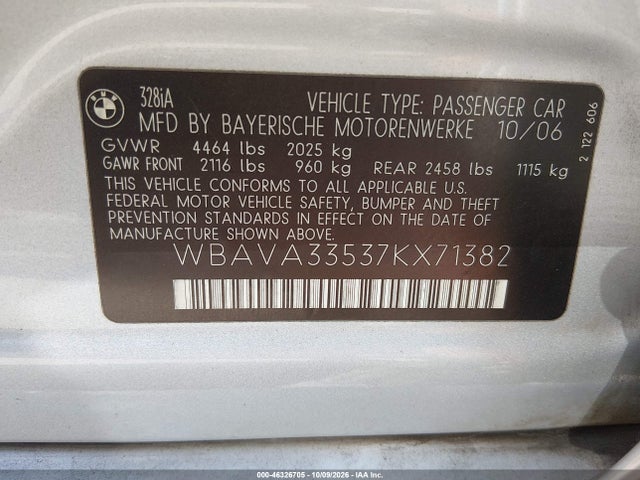 Продажа на аукционе авто 2007 Bmw 328i, vin: WBAVA33537KX71382, номер лота: 46326705