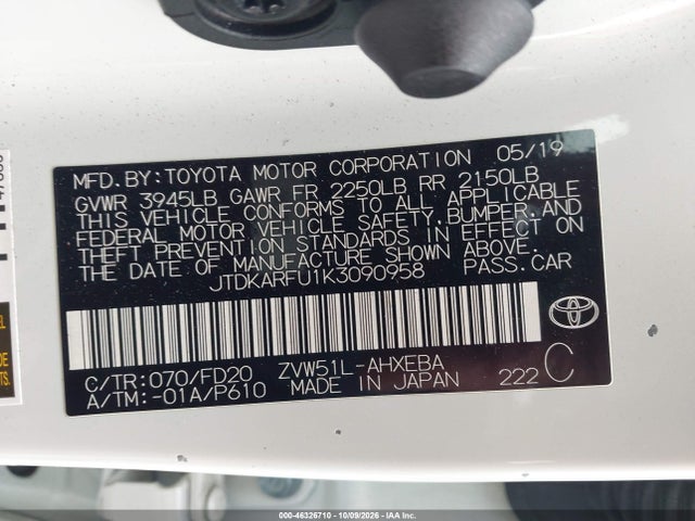 Продаж на аукціоні авто 2019 Toyota Prius Le, vin: JTDKARFU1K3090958, номер лоту: 46326710