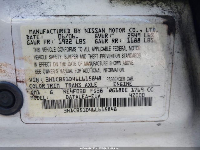 Aukcja sprzedaży 2006 Nissan Sentra 1.8s, vin: 3N1CB51D46L615848, numer aukcji: 46326753