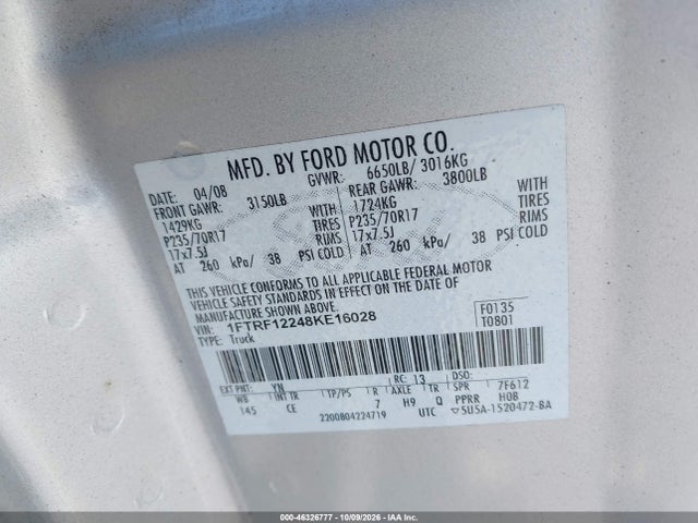Продажа на аукционе авто 2008 Ford F-150 Stx/xl/xlt, vin: 1FTRF12248KE16028, номер лота: 46326777