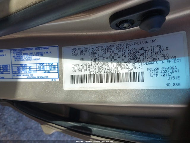 46326860 :رقم المزاد ، 5TDZA22C44S037806 vin ، 2004 Toyota Sienna Xle Limited مزاد بيع