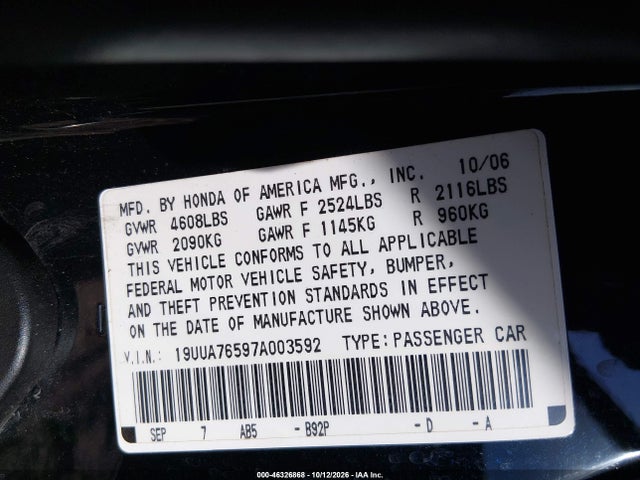 Aukcja sprzedaży 2007 Acura Tl Type S, vin: 19UUA76597A003592, numer aukcji: 46326868