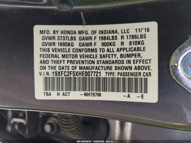 2017 Honda Civic Lx მანქანა იყიდება აუქციონზე, vin: 19XFC2F5XHE007721, აუქციონის ნომერი: 46326876