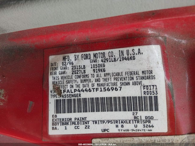 46326895 :رقم المزاد ، 1FALP4446TF156967 vin ، 1996 Ford Mustang مزاد بيع