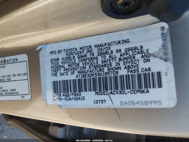 Продаж на аукціоні авто 2003 Toyota Camry Le, vin: 4T1BE32K53U195709, номер лоту: 46326906