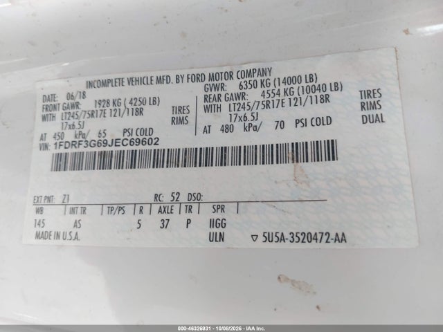 46326931 :رقم المزاد ، 1FDRF3G69JEC69602 vin ، 2018 Ford F-350 Chassis Xl مزاد بيع
