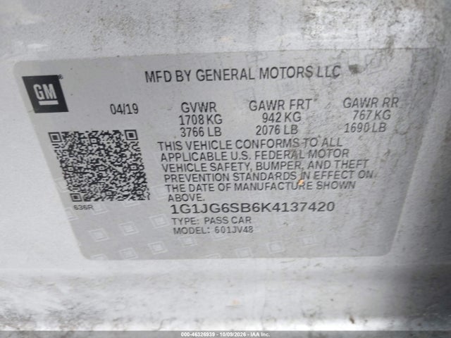 Chevrolet Sonic Lt Auto 2019 1G1JG6SB6K4137420 Image 9