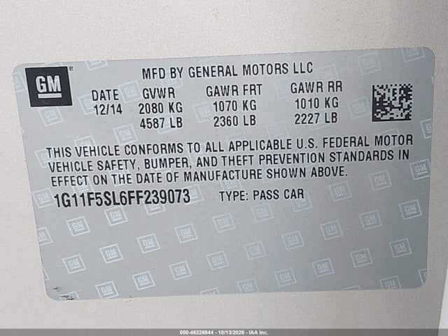 Aukcja sprzedaży 2015 Chevrolet Malibu 1lz, vin: 1G11F5SL6FF239073, numer aukcji: 46326944