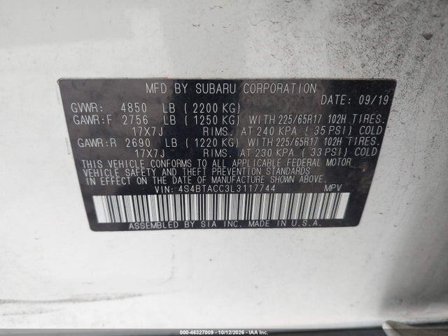 Продаж на аукціоні авто 2020 Subaru Outback Premium, vin: 4S4BTACC3L3117744, номер лоту: 46327009