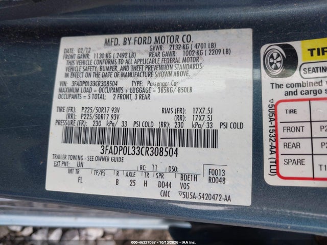 2012 Ford Fusion Hybrid მანქანა იყიდება აუქციონზე, vin: 3FADP0L33CR308504, აუქციონის ნომერი: 46327067