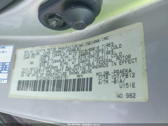 Продаж на аукціоні авто 2004 Toyota Sienna Le, vin: 5TDZA23C74S054761, номер лоту: 46327094