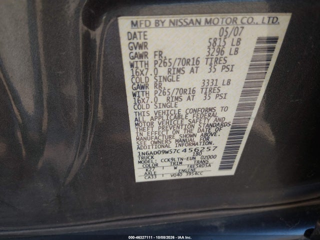 Aukcja sprzedaży 2007 Nissan Frontier Se, vin: 1N6AD09W57C456257, numer aukcji: 46327111