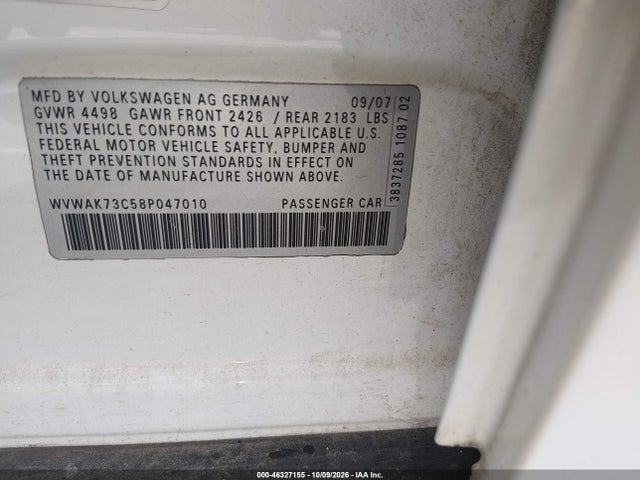 2008 Volkswagen Passat Komfort მანქანა იყიდება აუქციონზე, vin: WVWAK73C58P047010, აუქციონის ნომერი: 46327155