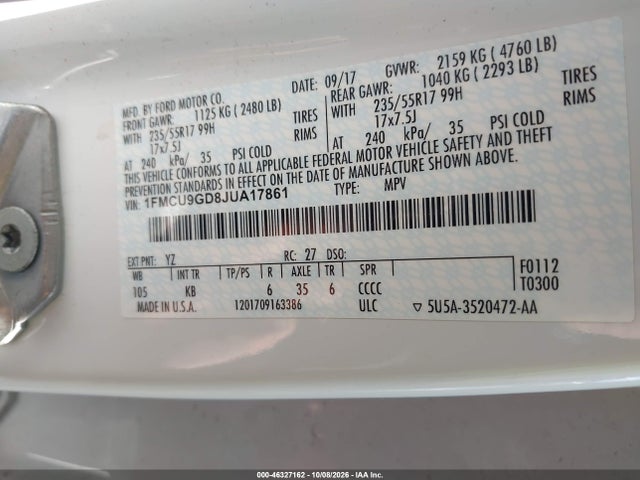 Продажа на аукционе авто 2018 Ford Escape Se, vin: 1FMCU9GD8JUA17861, номер лота: 46327162