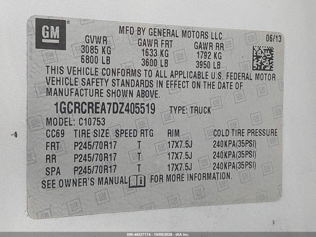 Продаж на аукціоні авто 2013 Chevrolet Silverado 1500 Ls, vin: 1GCRCREA7DZ405519, номер лоту: 46327174