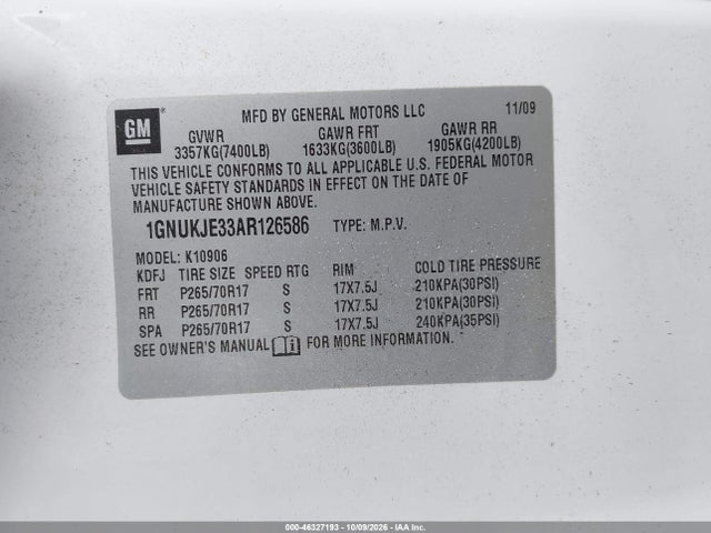 2010 Chevrolet Suburban 1500 Lt1 მანქანა იყიდება აუქციონზე, vin: 1GNUKJE33AR126586, აუქციონის ნომერი: 46327193