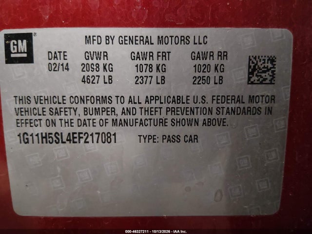 46327211 :رقم المزاد ، 1G11H5SL4EF217081 vin ، 2014 Chevrolet Malibu 1lz مزاد بيع