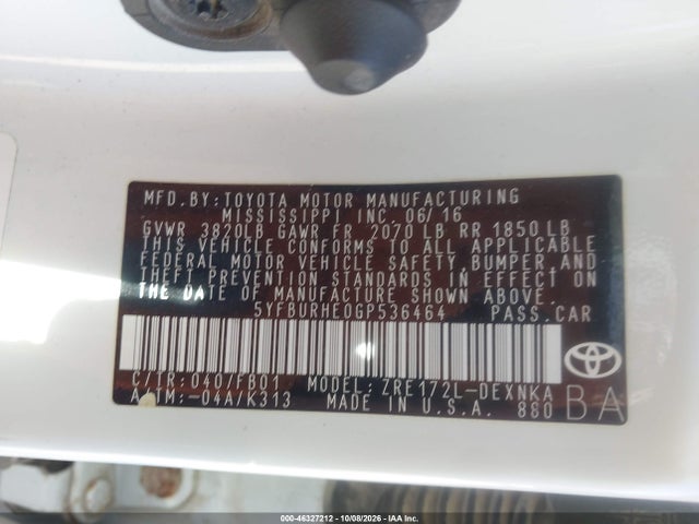 Aukcja sprzedaży 2016 Toyota Corolla Le Plus, vin: 5YFBURHE0GP536464, numer aukcji: 46327212
