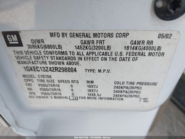 46327249 :رقم المزاد ، 1GKEC13Z42R298004 vin ، 2002 Gmc Yukon Slt مزاد بيع
