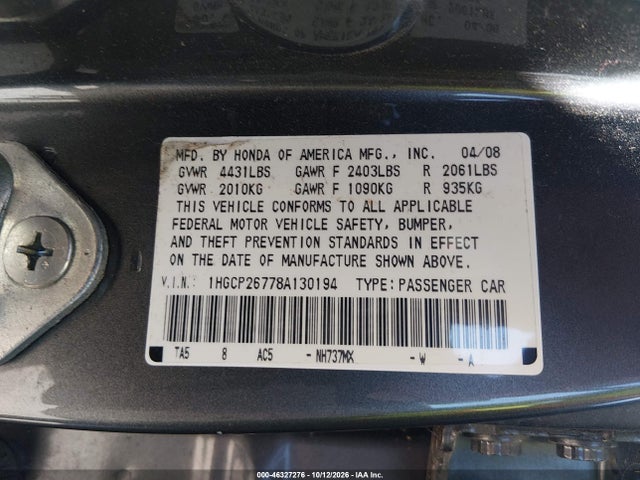 Aukcja sprzedaży 2008 Honda Accord 2.4 Ex, vin: 1HGCP26778A130194, numer aukcji: 46327276