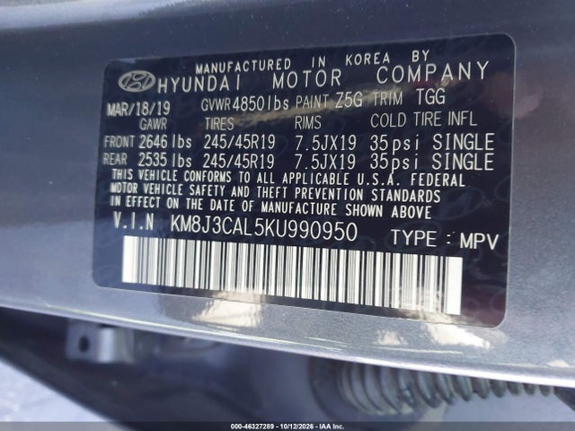 Aukcja sprzedaży 2019 Hyundai Tucson Sport, vin: KM8J3CAL5KU990950, numer aukcji: 46327289