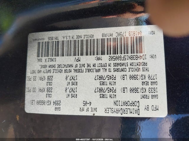 2005 Dodge Durango St მანქანა იყიდება აუქციონზე, vin: 1D4HB38N15F600502, აუქციონის ნომერი: 46327297