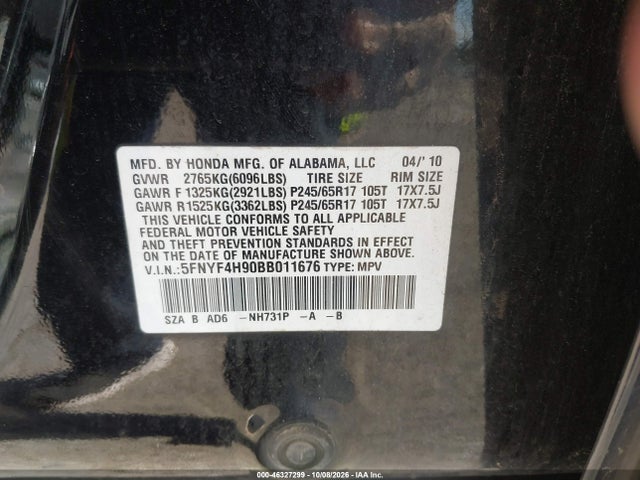 Aukcja sprzedaży 2011 Honda Pilot Touring, vin: 5FNYF4H90BB011676, numer aukcji: 46327299