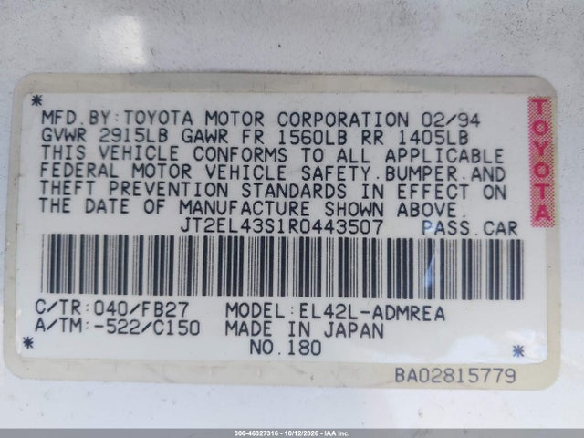 Aukcja sprzedaży 1994 Toyota Tercel Dx, vin: JT2EL43S1R0443507, numer aukcji: 46327316