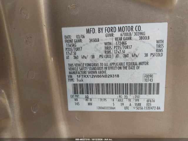 Продажа на аукционе авто 2006 Ford F-150 Stx/xl/xlt, vin: 1FTRX12W86NB29318, номер лота: 46327318